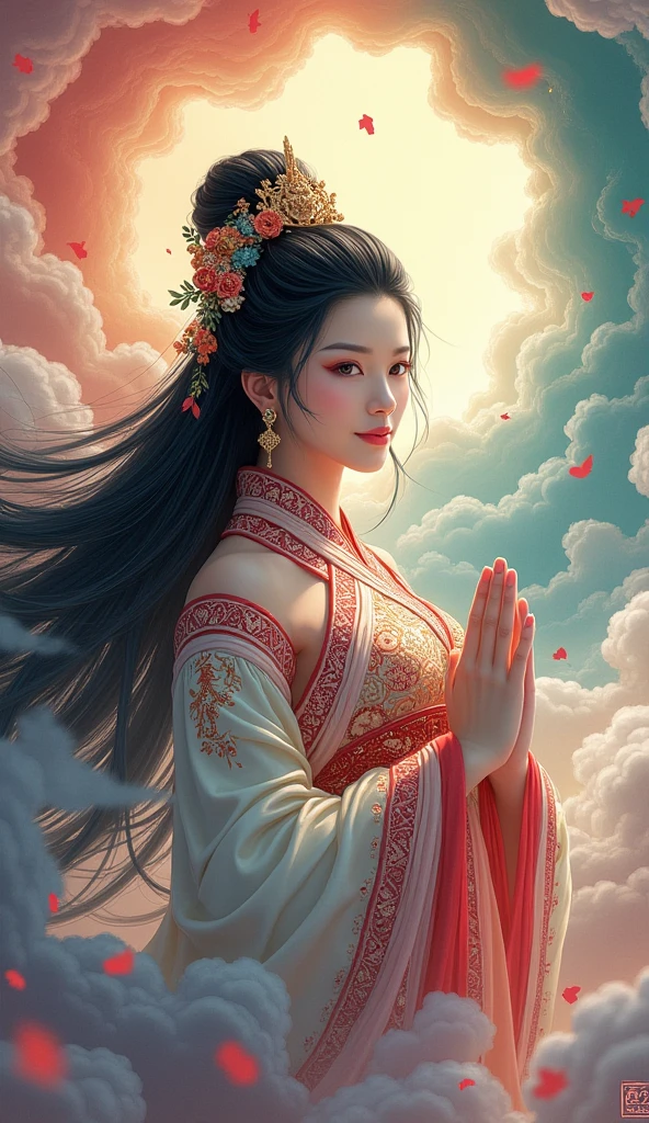 A traditional Chinese goddess、 Superb Beautiful Faces 、 Beautiful Costumes and Decorations 、 long black hair 、 Flowing Colourful Clouds、 vivid colors、Light is shining from beyond the clouds、 high image quality、masterpiece、 anime illustration art、