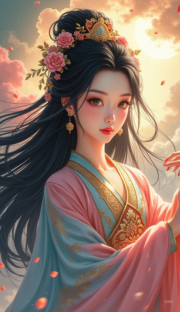 A traditional Chinese goddess、 Superb Beautiful Faces 、 Beautiful Costumes and Decorations 、 long black hair 、 Flowing Colourful Clouds、 vivid colors、Light is shining from beyond the clouds、 high image quality、masterpiece、 anime illustration art、