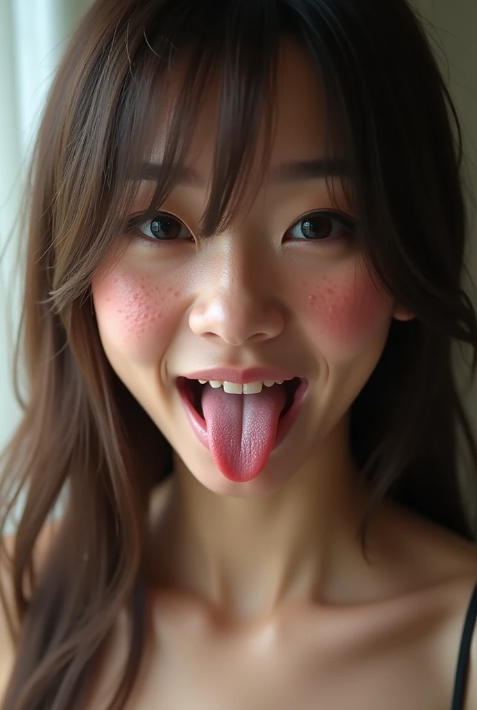 (highest quality、Tabletop、8k、Best image quality、Award-winning works)、1. pretty girl、(A fluffy and elegant white open cardigan:1.1)、(An elegant open cardigan with a very smooth and high-quality texture..:1.1)、Perfect girl portrait photo、Glowing Skin、Brown Hair、(Cleavage:1.1)、Standing Elegantly、(Face close-up:1.2)、(Open your mouth and stick out your tongue:1.3)、(Perfect beautiful tongue:1.2)、Cute Smile、(The simplest beige background:1.1)、(Semen-covered face:1.3)