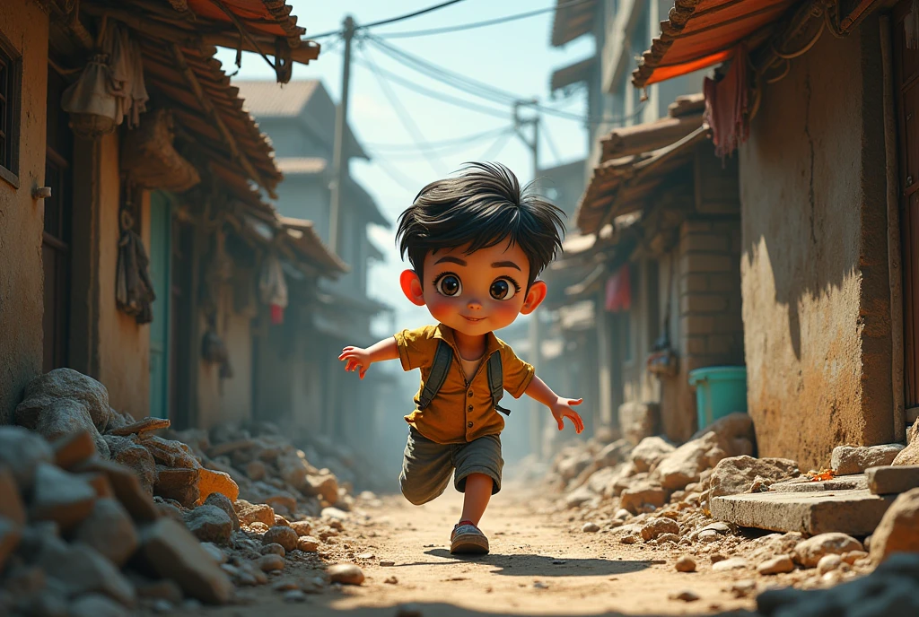 Child playing in the yard of a poor house
