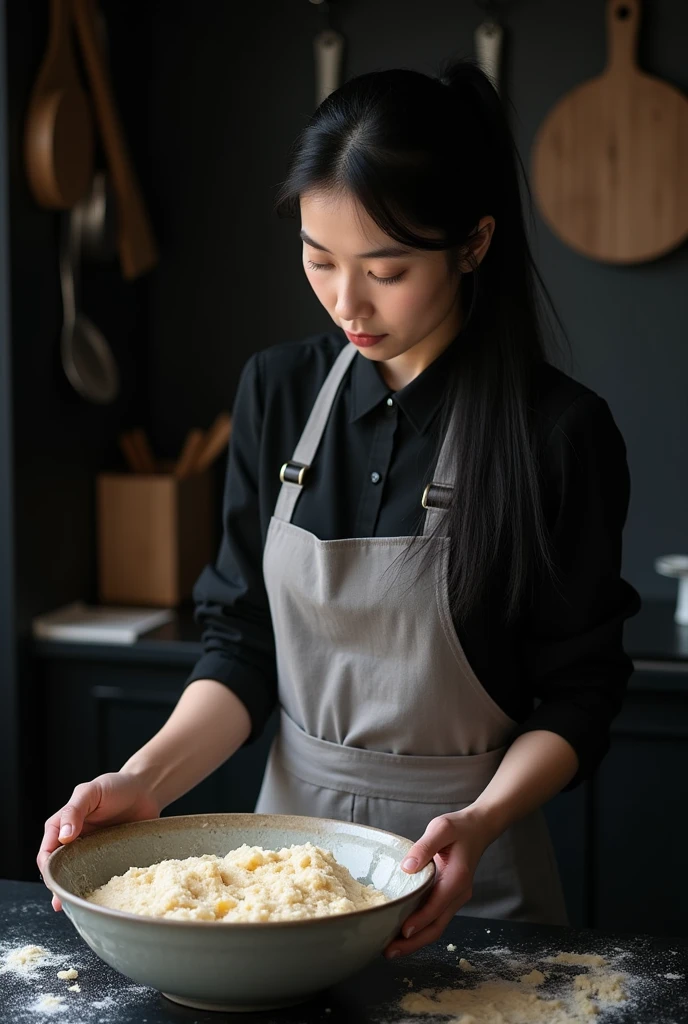 White Thai woman , long black hair , black slanted eye , gloss, perfect body, defined body, wearing a black long-sleeved blouse and a simple light gray apron. is now mixing the dough for blinis in a large bowl on the dark kitchen countertop. Her expression is focused , with the hair tied casually so as not to disturb . The soft lighting creates delicate shadows in the dark kitchen environment , highlighting the contrast between the black surfaces and the kitchen utensils .