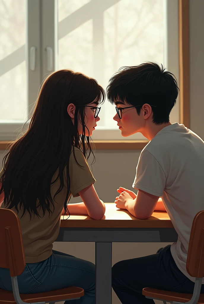 Campus Desk,The girl is sitting on the desk with her legs spread.,The boy is between the girl's legs.,The boy is stroking the girl's face.