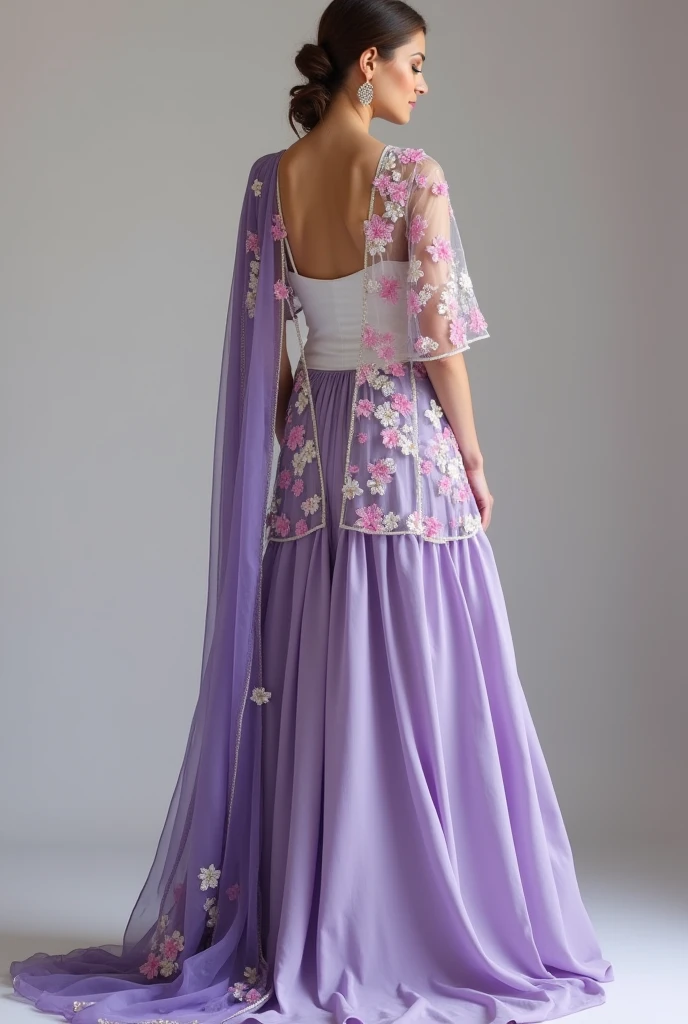 a lehanga, silver beads at the bottom with arching patterns, colour is french lilac #86608E