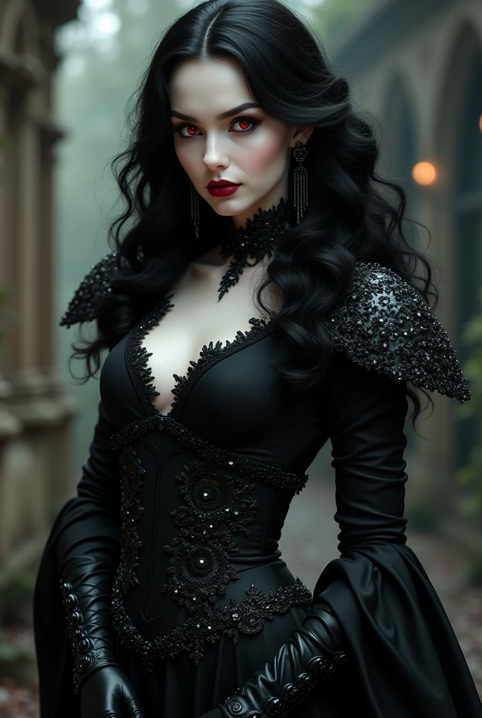 ((NSFW)), best quality (4K, high resolution, masterpiece:1.2), ultra-detailed, realistic (photo-realistic:1.37), Evangeline, the Black Queen of Despair, (majestic demonic enchantress), ((full body portrait)), ((wearing elaborate black rope that reveal her body)), (perfectly round and perky f cup breasts), (black jewelry), captivating yet intimidating gaze, hypnotic, demonic gold eyes, poised stance, (long black hair), (pale skin), intense and avaricious aura with a hint of darkness, (pure black color scheme), sharp focus, perfect, ominous lighting, confident, sinister demeanor, intriguingly wicked smile, powerful dark magic and sinister energy radiating from her eyes, (sorrow black eyes), entrancing yet eerie atmosphere, inspired by fantasy art and dark mythology, emphasizing her allure, (aura of despair), and horror charm, meticulous attention to facial details showcasing her stunning beauty, elaborate, striking visual impact, expressive yet wicked facial features, supernatural elements blended with a sinister reality, exceptionally detailed, super finely detailed and clawed hands, ultra finely detailed fingers (ten fingers), suggestive and intimidating posing, palace with a dark dreadful background.