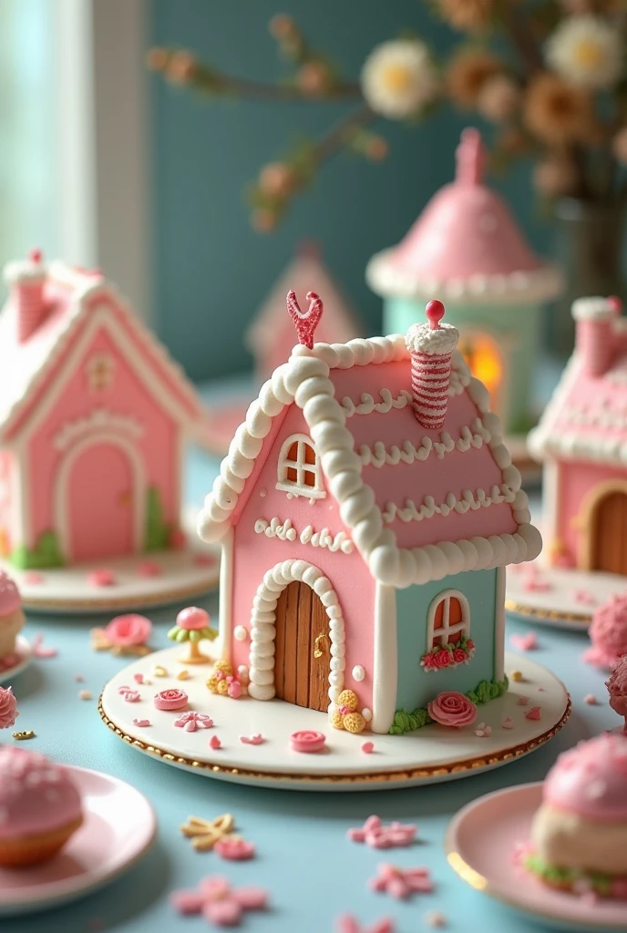 Cakes in the form of candy houses in vintage cake style in pastel colors for the New Year's table