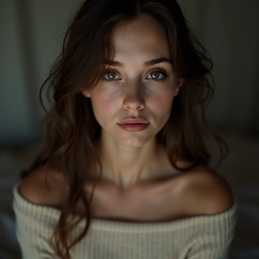 16:9 photograph, taken with a cell phone at a distance that shows the entire body, She is very young, At home in her bedroom, Normal night clothes, sad about lost love, long brown hair, a softened ironic smile - restrained excited happiness, soft lighting on the face, realistic skin-clothes-hair textures, carpeted sky-blue-fog eyes, beautiful real textures and delicate aesthetics, full body view, notable for natural feminine beauty, noise, 8k quality, RAW PHOTO, by professional photographer, rule of thirds, extremely detailed