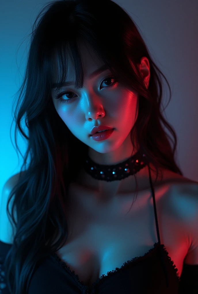 jennie, dark face, , medium_shot, half_portrait, (stage light show  background:1.2) 

, best quality, realistic, photorealistic,ultra detailed,extremey, Blue and red light effects, mysteries, sexy, nightclub
