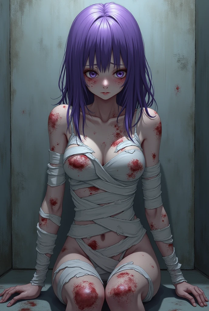 in perspective,((high quality anime, 8k,masterpiece,Perfect ???????)),nsfw,cowboy shot,1 female,(beautiful detailed face and eyes,gorgeous eye:1.3,black eyes),master of success、The perfect 20 years old,Black Hair、Straight hair,blunt bangs,(twin bun,up hair,hair flaps),Pain:1.3、tears,small breasts,small face:1.5,slender body,skinny,sweat:1.3,((red bruise from being beaten:1.5),naked,nipples,clavicle、navel、vagina,bottomless,barefoot、lying,arms behind back,(Injury)、Simple bed、Concrete wall、Dimly lit room、　