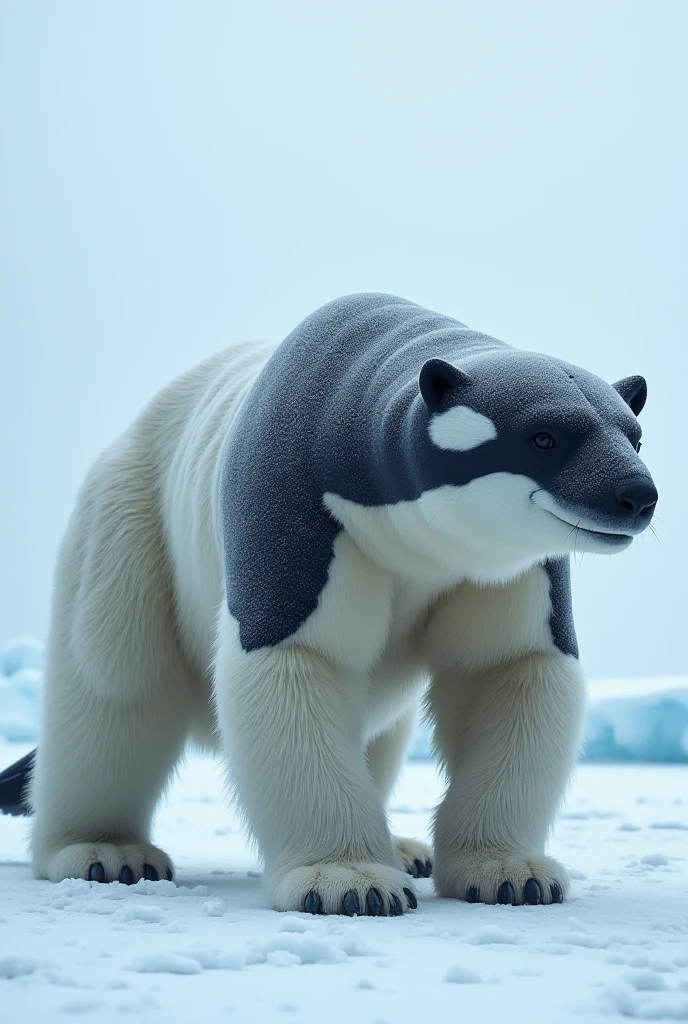 "An ultra-realistic hybrid creature that merges the polar bear and killer whale. The hybrid has a powerful, streamlined body covered in a blend of thick white fur and smooth black skin patches. Its head combines the bear’s sharp snout and ears with the whale’s sleek jawline and distinctive black-and-white markings. Powerful bear-like limbs with webbed claws extend from its body, while its tail resembles the fluke of a killer whale. The creature exudes a mix of aquatic grace and terrestrial strength, with an intense gaze that reflects its predatory instincts. Frost clings to its fur as it stands in its icy habitat."
