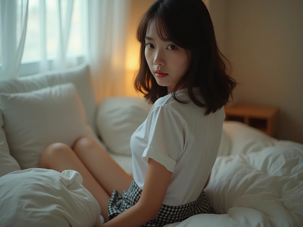 8K, RAW Photos, Highest quality, masterpiece:1.2), masterpiece, Highest quality, shape, Very detailed, Fine details, High resolution, 8K,wallpaper, Perfect dynamic composition,(High quality with attention to detail, Realistic depiction of eyes:1.3)、Hands tied、A woman being tied up、Put your arms around your back, Tie your hands behind your backｋ, Put duct tape over your mouth、In a beautiful hotel room at night、Sitting on the bed、Outside the window is a night view、 with legs wide open,、White panties are visible、Tartan Check Pleated Skirt、whole body、The whole is facing forward、２１talent、beauty、Well-formed face、Even out the eyes、Beautiful black hair、Bangedium Build、Balanced proportions、Beautiful feet、blue short sleeve blouse、Fresh face、Beautiful views、
