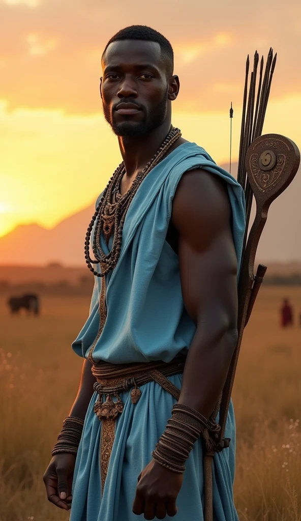 Orisha Black Man, warrior, shorth hair, blue clothing, holding a medieval sword raised in the hand with the tip pointing upwards, in a green field.