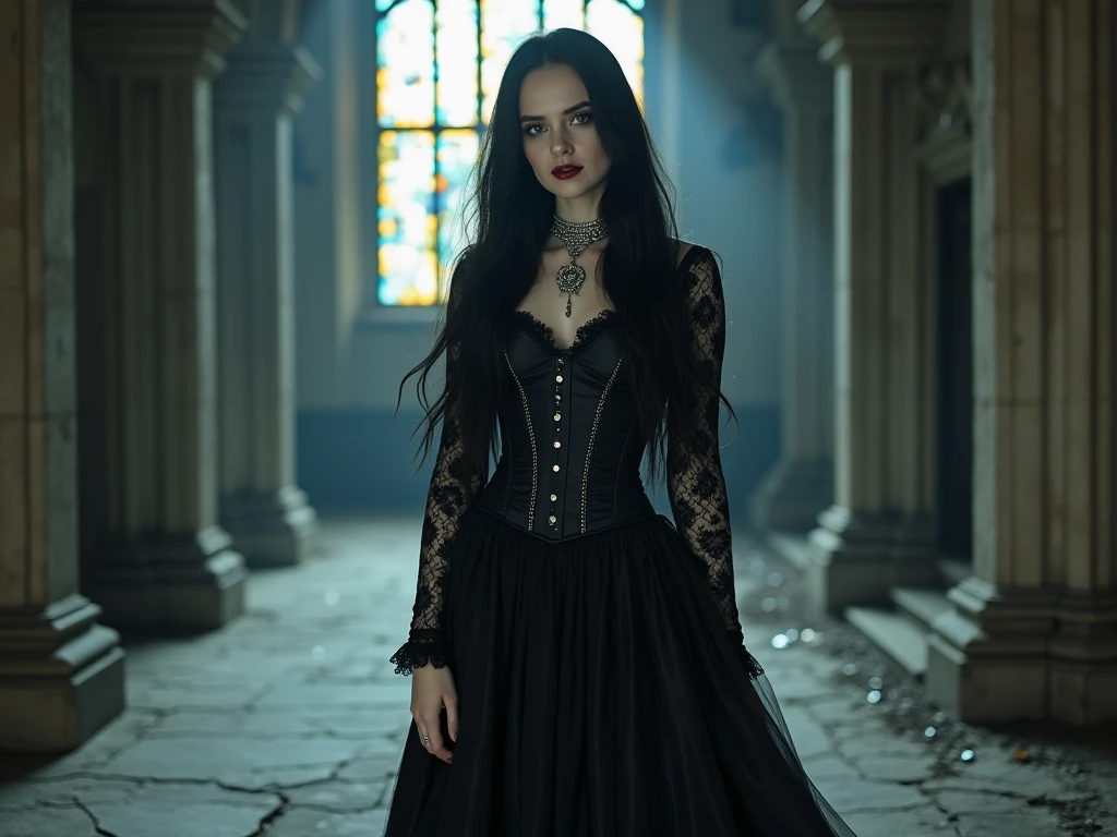 a detailed portrait of the bride of frankenstein, pale skin, long black hair, intense eyes, sharp facial features, ornate victorian dress with lace and ruffles, standing in a dimly lit laboratory with tesla coils and glass jars, cinematic lighting, dramatic shadows, muted gothic color palette, (best quality,4k,8k,highres,masterpiece:1.2),ultra-detailed,(realistic,photorealistic,photo-realistic:1.37)