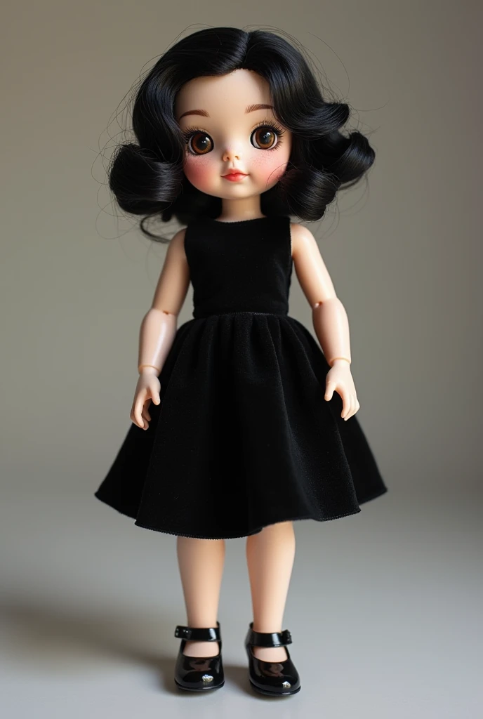 Blythe doll with straight black hair, also dark brown eyes and tanned skin and wearing a wine-colored sleeveless dress.
