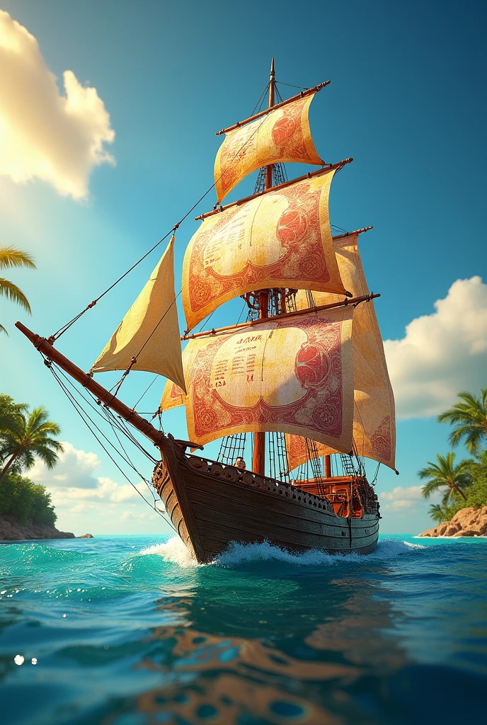 Colombian banknotes and caravel many colors