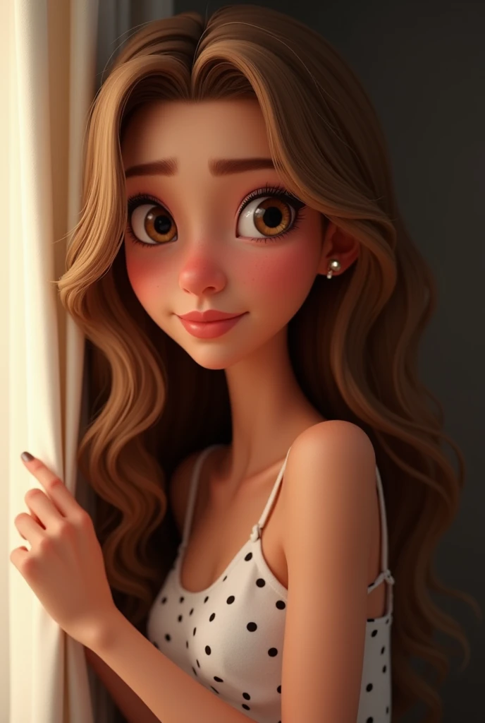 Create a Pixar-style animated portrait of a woman with long, flowing light brown hair with natural highlights, leaning against a curtain and gently holding it with her hand. She is wearing a white polka-dot top and has a calm, confident expression with subtle makeup, including a nose piercing. The background features a soft, dark contrast that emphasizes her features. The style should be vibrant, detailed, and polished, capturing every small detail of her facial features, hair texture, and pose in Pixar's signature 3D animation aesthetic.