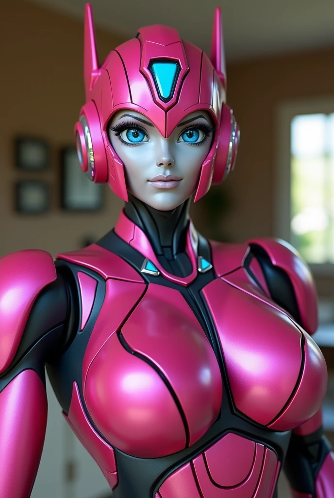 Arcee the autobot from transformers in the family room. Looking at and standing up super close to the camera like a selfie
Arcee robot face
Dark pink metallic autobot
Small smile
Very large robot breasts
Beautiful eyes