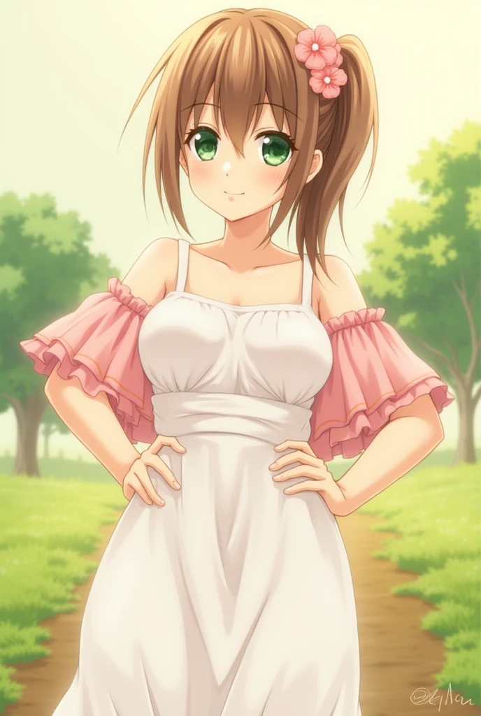 (masterpiece, best quality), 1girl, solo, face, parted lips, looking at viewer, light blush, light smile, pendant, ear piercing, long eyelashes, blonde hair, long wavy hair, high ponytail, asymmetrical bangs, light brown eyes, light freckles, pale skin, outdoors, park, sunlight, pink scrunchie, strapless dress, small perky breasts, sexually suggestive, haruhi suzumiya.