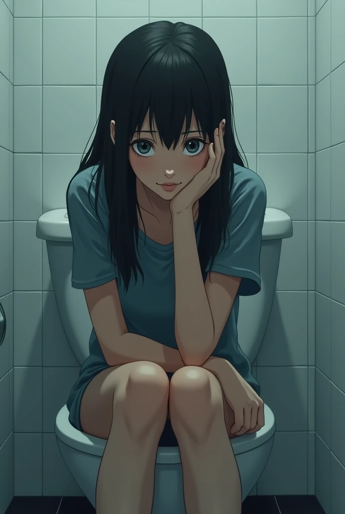 Anime teen sitting on toilet