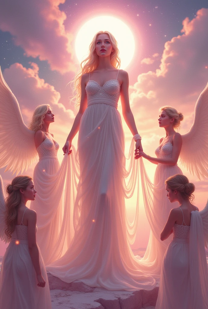 Identical twins one with wings standing over a Beautiful young woman dark blonde long hair with highlights 30:year old birthday, party decorations in the backgrouund 3D Pixar Style
