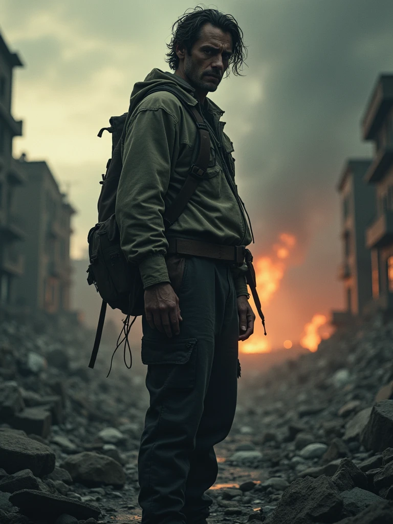 (best quality,4k,8k,highres,masterpiece:1.2),ultra-detailed,(realistic,photorealistic,photo-realistic:1.37),man standing on the edge of a cliff, intense gaze,wind-swept hair,suspenseful atmosphere,dusk lighting,crumbling rocks underneath,remote location,sublime landscape,ominous clouds gathering,remote and rugged cliff face,burning village in the background,plumes of smoke rising to the sky,chaotic flames engulfing the houses,crackling sound of fire,devastating scene of destruction,desolate environment,vivid colors,contrasting dark and light,overwhelming sense of urgency,loneliness and hopelessness,heart-wrenching loss,emotional turmoil,ominous and dramatic mood,hauntingly beautiful backdrop,frozen moment in time,conveying the fragility of human existence,tragic story unfolding,unbearable weight of despair.