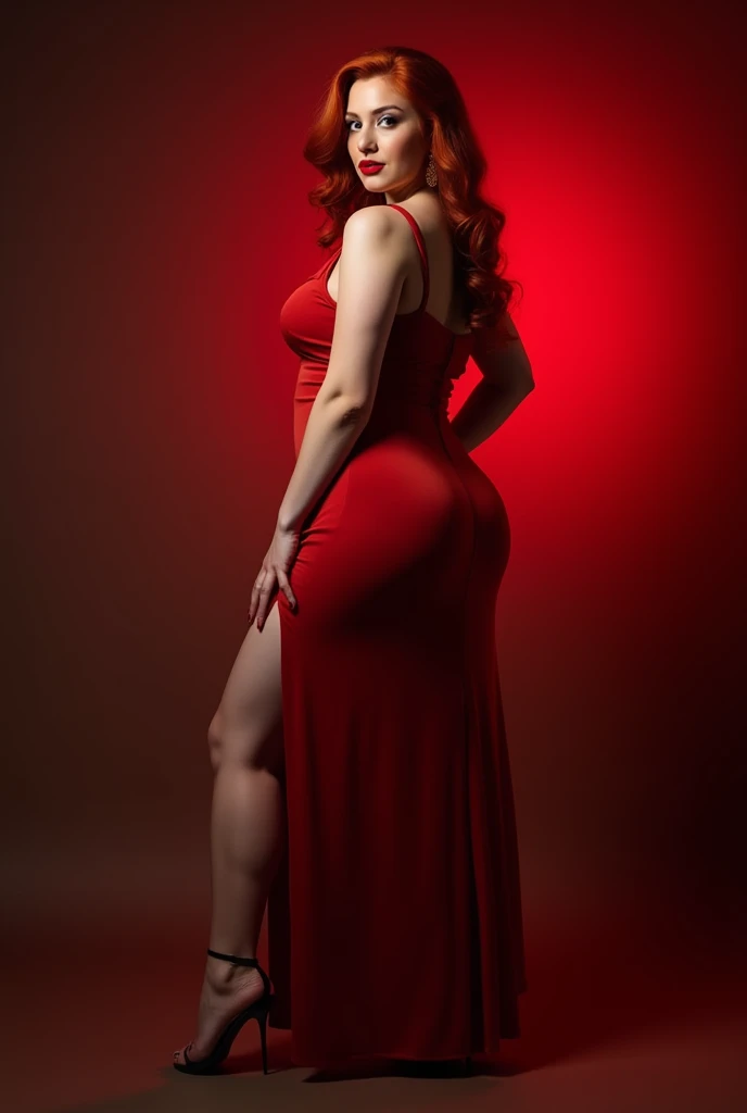 Hot Naked tall woman, milf, Jessica rabbit, redhead, barefoot, wide hips, thick legs, barefoot, perfect curves, big breasts, Full body, on stage at a concert, sexy, perfect body, tanlines, Jessica rabbit red dress