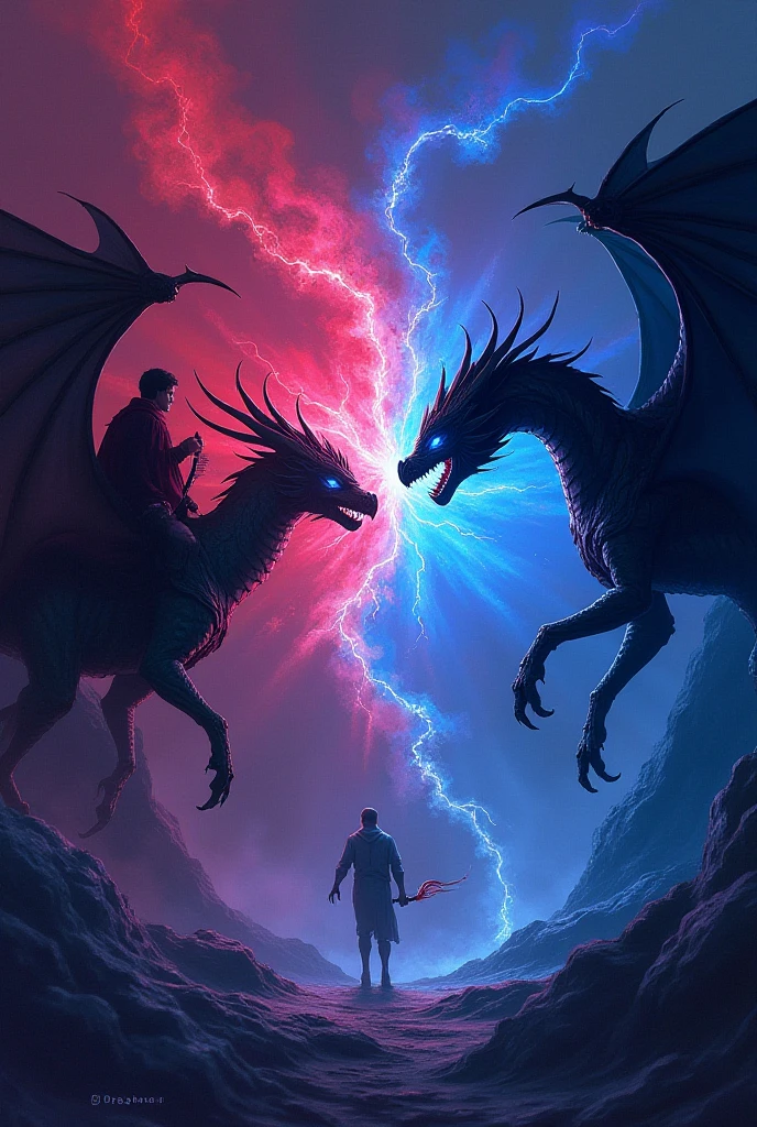 A handsome man with a burning fire dragon spirit exchanges blows with a tall, thin man with a dark dragon spirit with a purple aura.
