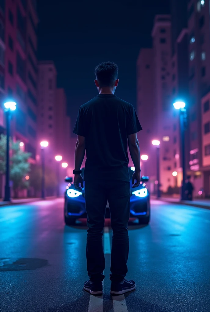 A 27-year-old young man is standing in the middle of the street in front of him, a very beautiful and wonderful car, and the place around him has neon lights in dark blue and violet colors, all of this at night, and the young man seems to have signs of optimism and strength