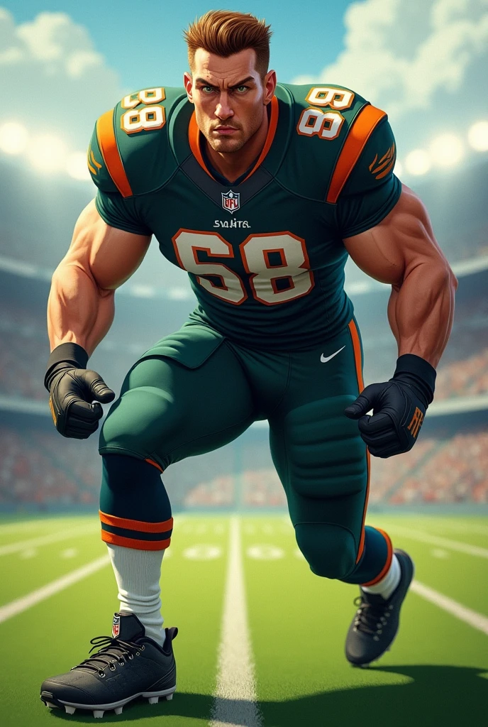 High school teenager, cool boy, handsome and masculine face, short blonde hair, green eyes, full mouth and pink lips, sensual smile, broad shoulders, muscular chest, huge thighs, huge ass, huge legs. American football player wearing American football uniform,American football shoulder pads, jersey number 29, black football pants and pads.