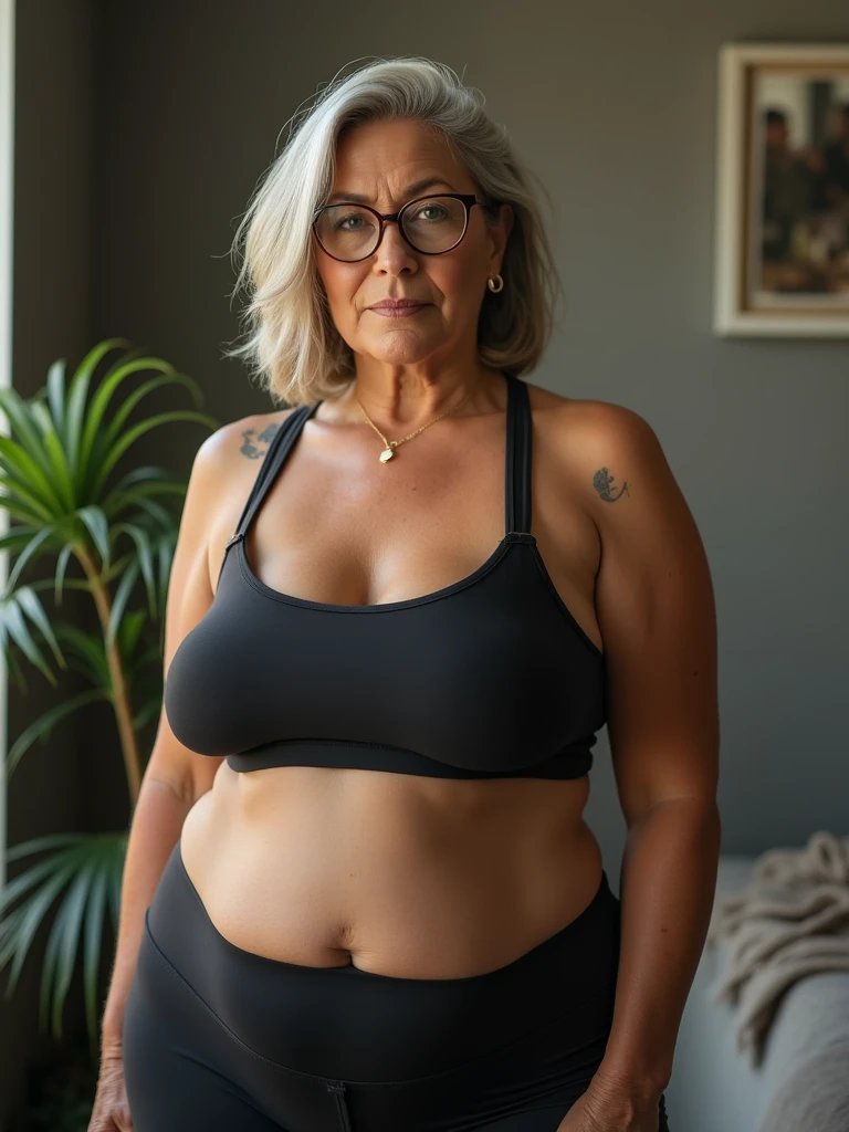 A 65-year-old obese Brazilian black woman wearing prescription glasses in a simple room, It's a full body shot.. And she's naked, her large, natural, saggy breasts, showing off your natural charm and outgoing personality.
