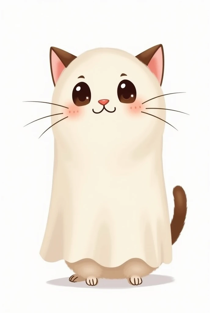 An adorable, fluffy cat dressed in a simple ghost costume made of a white sheet with two eye holes, standing or sitting playfully. The cat's expression is curious and slightly mischievous, as if it's attempting to be spooky but failing due to its cuteness. The background should be transparent, making the cat and its costume the main focus, suitable for applying on shirts of different colors. The illustration should be clean and high-resolution, with soft, cartoonish details, perfect for printing on apparel