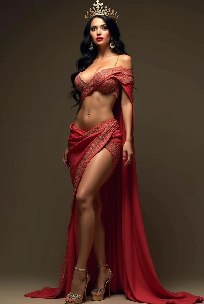 A very beautiful skinny goddess dressed as apsara with very thin arms ,very thin long skinny legs and very thin waist and very very  huge breast (very big )(show full body from head to foot) (detailed ) (masterpiece) (facial features) beutiful red lips