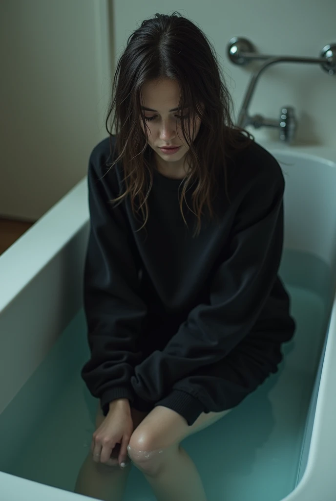 ((best quality)), ((masterpiece)), (ultra details), background black, black background, taking a shower, water splash, splashed water, get splashed, got drenched, taking a shower, wet body 1girl, cute face, k-pop idle IVE, red lip, sad face, cleavage, C-cup, close-up, ultra close up, (head shot:1.2), head shot, at very close range, shot from side, shot from below