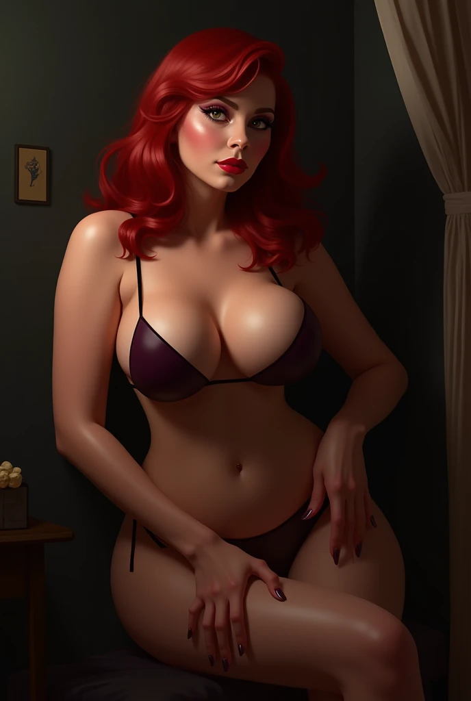beautiful sensual nude and erotic woman with massive breasts. The breasts are not covered by anything. Red full lips. full body view. Valentines day elements and decorations. Read hearts, red sexy lingerie, red roses. In background full moon very big on the night sky and many stars.
