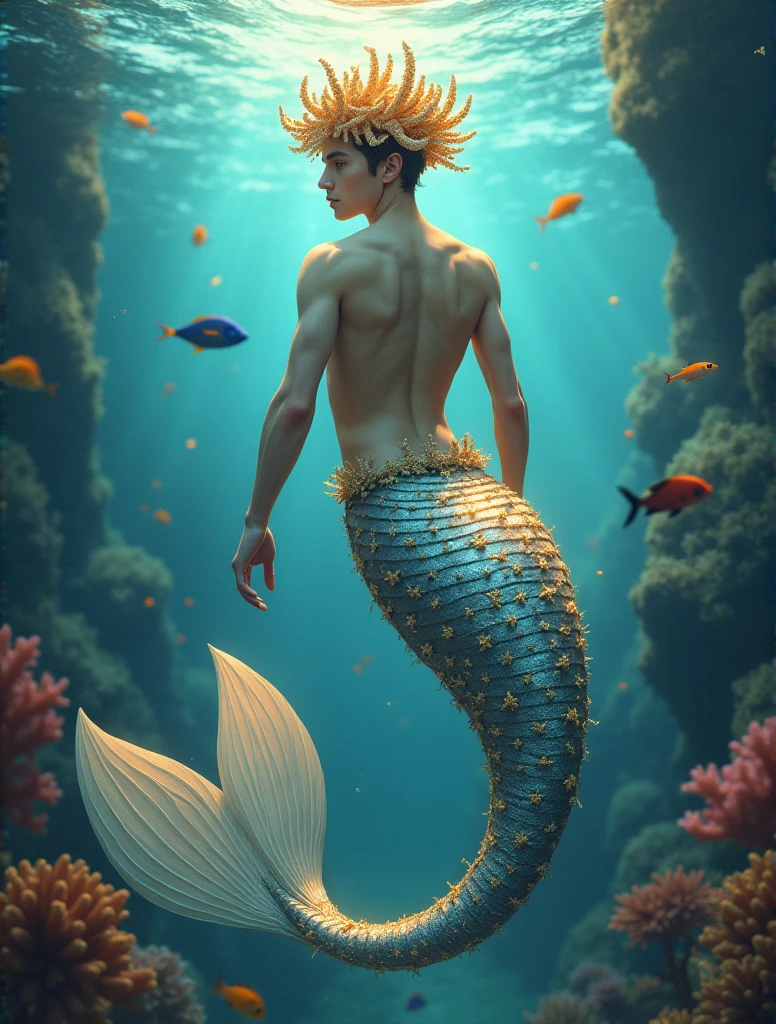 HQ drawing of a beautiful man with a golden net around his body underwater with golden fish.