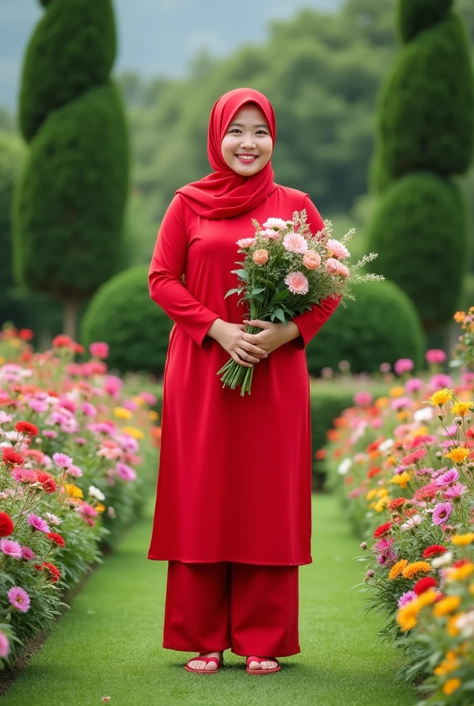 A beautiful Indonesian woman, smooth white skin, well-groomed face,modern silver red hijab, , ,mengenakan dres mewah long lebar mayung, , closed chest, red silver satin color red orchid flower motif, long,left and right sleeves with beautiful ribbons,balloon sleeve model ,holding a bouquet of crimson orchids , ,luxury watch , white shoes, pose standing gracefully, eyes looking at camera. in the thicket , dark red orchid flowers that bloom beautifully and profusely. Orchid flower garden background , beautiful very amazing .Realistic original photo