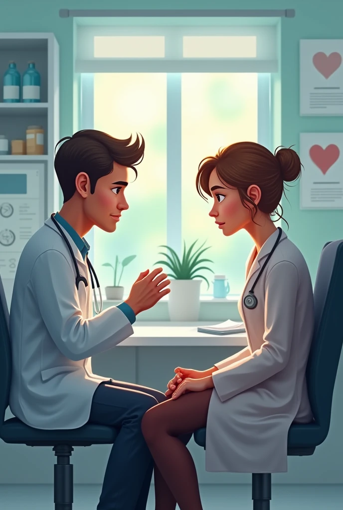 A handsome boy sitting on design chair wearing spectacles looking to patient wearing apron with background Medical 