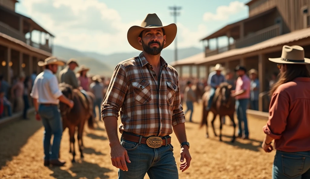 A handsome, charming, attractive young gay man is welcomed at a cowboy party on the farm with many handsome men around him, the others look at him all in love with him