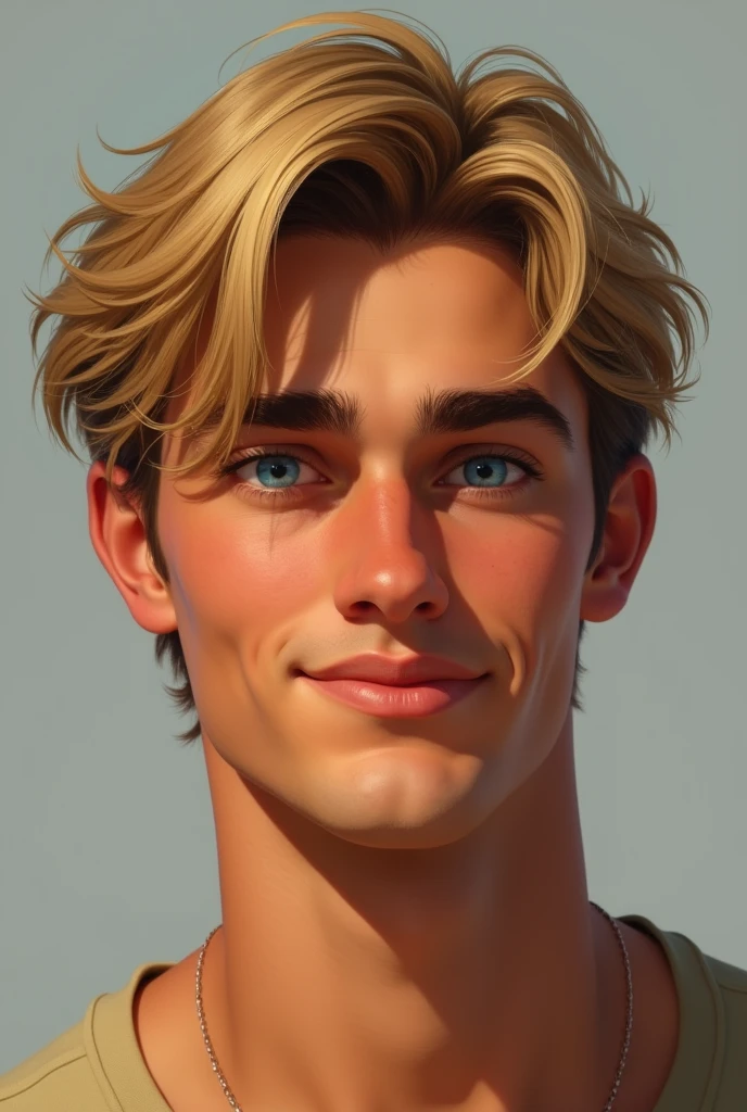 Fate is a white Greek American young man tall muscular soft face crystal blue eyes and straight blond hair he has a beaming face and charming smile he is a real person not animated