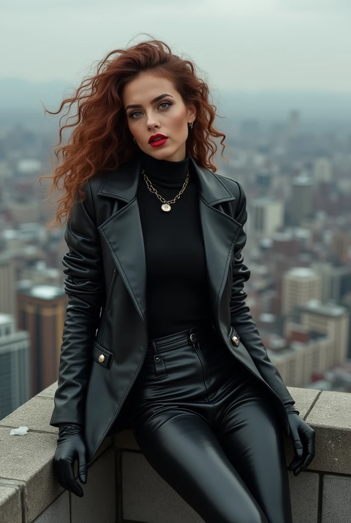 handsome girl, leather black long raincoat, naked muscular body, thigh holster, Long red hair, cunning playful expression on his face;, Bright make-up, Empty City Street, A cloudy day, photographic quality.