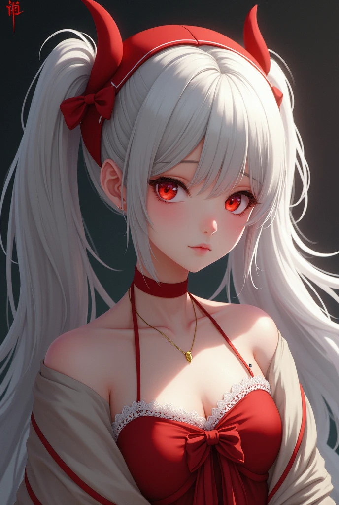 realistic, 1girl, white hair, long hair, red bow in hair, red eyes, glowing eyes, white dress, parted lips, blush, night, flowers, sun, sunlight,