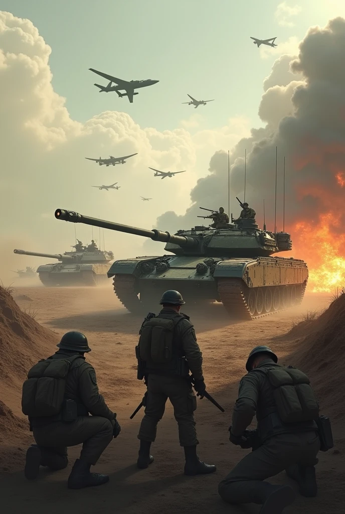 Hyper realistic 8k, ultra detailed, (Best Quality digital illustration Masterpiece of an african civil war battle field, showing lots of armoured tanks, soldiers shooting, chaos, fire in the background, highly realistic, --auto --s2