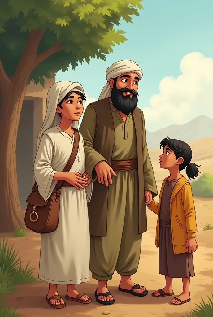 Animated image of an old Muslim mother talking to her child. A young Muslim man in front of a small and rickety house.