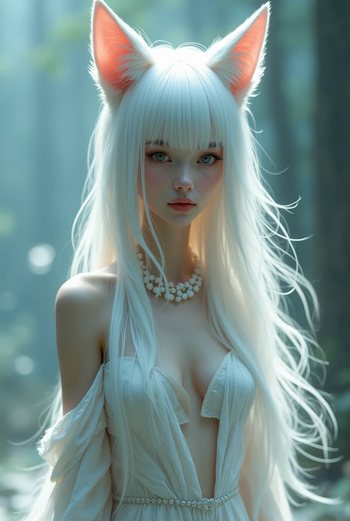 A woman with animalistic features, with white fox ears above his head, eyes in a gray blue tone, white and pale skin, long wavy white hair, pretty face with an air of elegance.