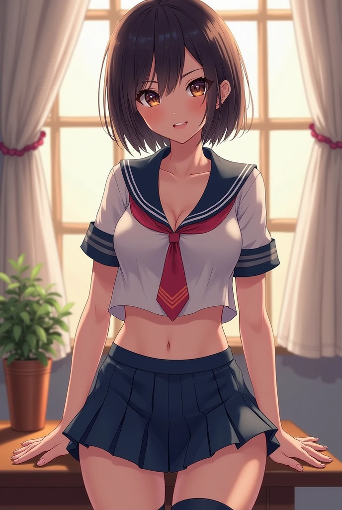 ((masterpiece,best quality)), highres, extremely detailed 8K wallpaper, depth_of_field, best shadow, (Colorful),(Delicate eyes and face), nice hand, Perfect hands, volumatic light, Ray tracing, BREAK
(1girl in), mogami \(kancolle\), black hair, short hair, black eyes / green eyes, swept bangs, small breasts, slender, skinny, open mouth, smile, blush, BREAK,
(wear white transparent school uniform top:1.3), (sailor collar:1.5), (red tie:1.3), (Parted clothes at the top and bottom:1.2), (short sleeves:1.1), (white string panty:1.3), (bare navel), (nipple:1.1), (under boob), (black lace stockings:1.2), High heels, BREAK,
Cowboy Shots, Looking at Viewer, stomach focus, bedroom, dildos on bed, night time, Ultra detailed backgrounds,