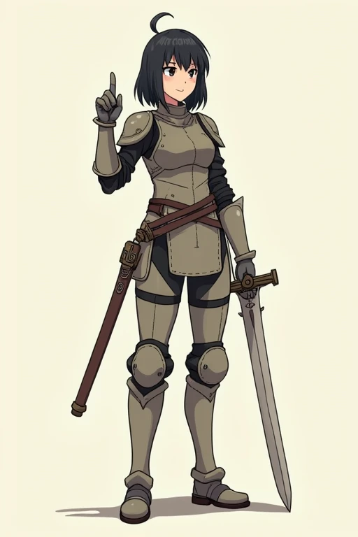 A fantasy warrior: rugged, smiling, ornately armored woman with dark blue hair that flows down to her hips, medium breasts, red eyes, black lipstick,