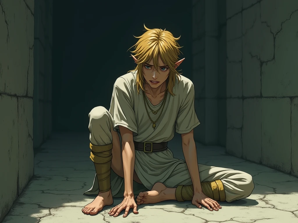 Create a highly detailed digital illustration of Link from The Legend of Zelda, depicted in an anime-inspired style. Link should be instantly recognizable with his iconic features but appear thin, frail, and sad. He is sitting on the floor in a dimly lit environment, wearing a loose, worn-out tunic that emphasizes his weak physique. His expression is dejected, with sunken eyes and a look of misery. The background should be minimalist and somber, perhaps with cracked walls or an abandoned setting, to emphasize his desolation. The overall style should be dynamic and detailed, with muted colors and strong anime shading to convey a sense of hopelessness and struggle