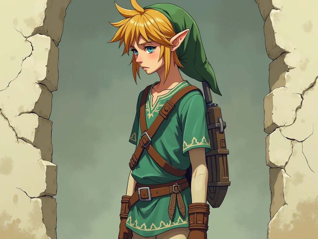 Create a highly detailed digital illustration of Link from The Legend of Zelda, depicted in an anime-inspired style. Link should be instantly recognizable with his iconic features but appear thin, frail, and sad. He is standing in a slouched posture, looking defeated, with his arms hanging loosely by his sides. He wears a loose, worn-out tunic that highlights his weak physique. His expression is dejected, with sunken eyes and a look of misery. The background should be minimalist and somber, perhaps with cracked walls or an abandoned setting, to emphasize his desolation. The overall style should be dynamic and detailed, with muted colors and strong anime shading to convey a sense of hopelessness and struggle