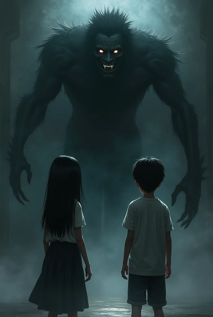 a dark girl with straight black hair and a boy fight against a shadow-shaped creature