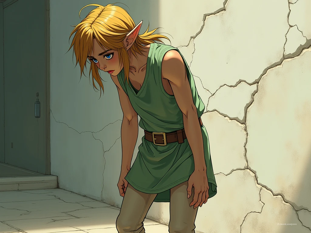 Create a highly detailed digital illustration of Link from The Legend of Zelda, depicted in an anime-inspired style. Link should be instantly recognizable with his iconic features but appear thin, frail, and sad. He is standing in a slouched posture, looking defeated, with his arms hanging loosely by his sides. He wears a loose, worn-out tunic that highlights his weak physique. His expression is dejected, with sunken eyes and a look of misery. The background should be minimalist and somber, perhaps with cracked walls or an abandoned setting, to emphasize his desolation. The overall style should be dynamic and detailed, with muted colors and strong anime shading to convey a sense of hopelessness and struggle