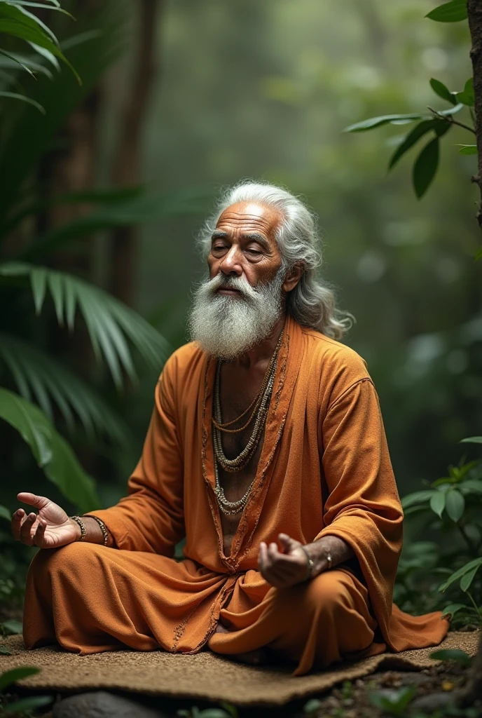 OLD AGE HERMIT
 YELLOW ATTIRE 
WEARING RUDRAKSHA MALA
LITTLE SMILE ON FACE